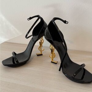 Yves Saint Laurent Black Patent Sandals with Gold YSL Logo Heels